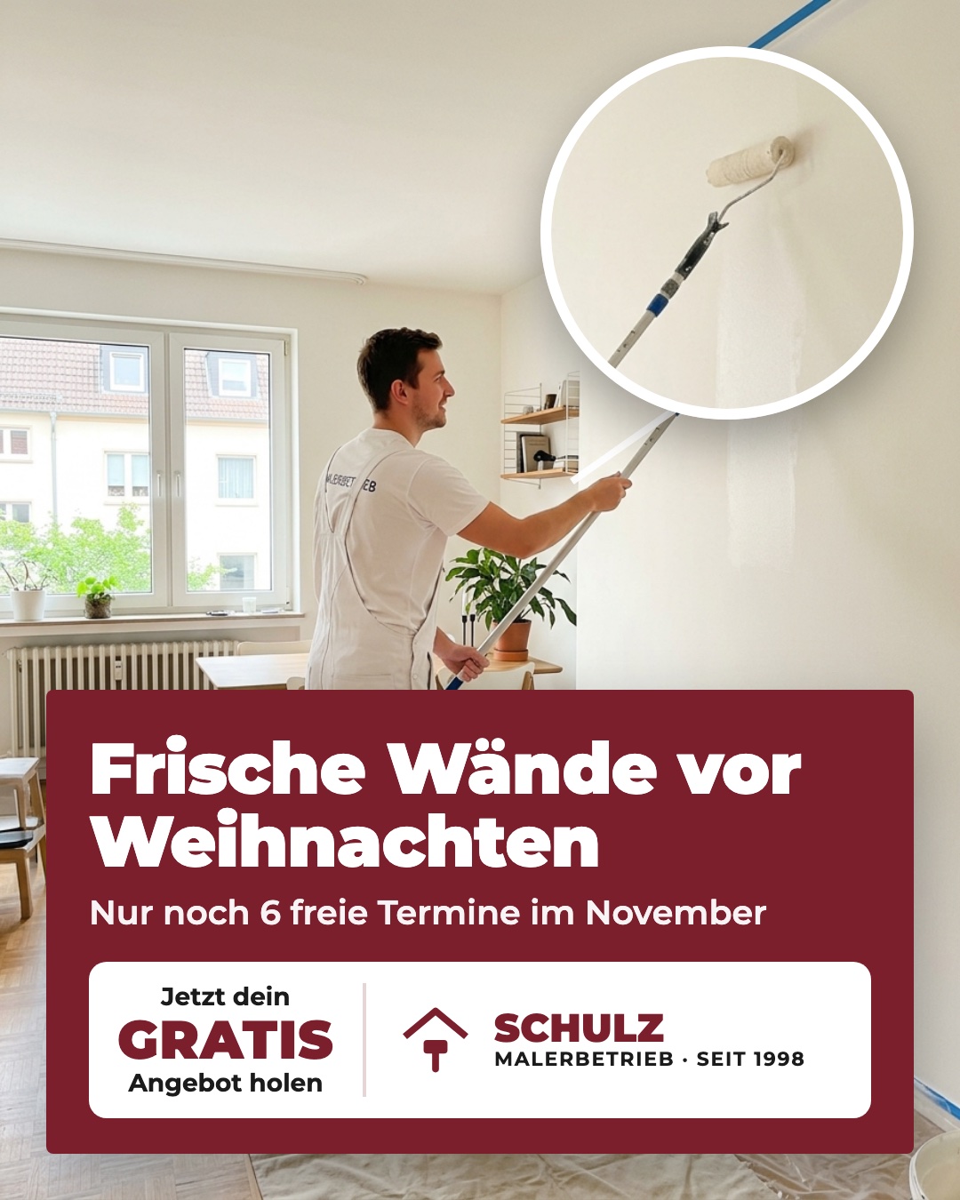 Beispielanzeige Malerbetrieb: Frische Wände vor Weihnachten, gratis Angebot